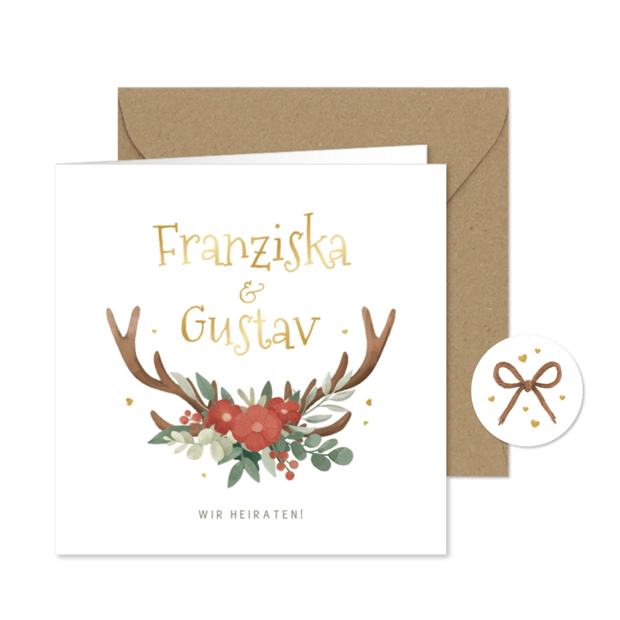 Hochzeitseinladung Tracht, Blumen & Geweih - Kartenvorschau