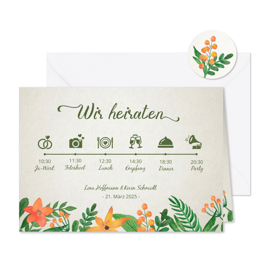Hochzeitseinladung Vintage Blumen Timeline - Karteneindruck
