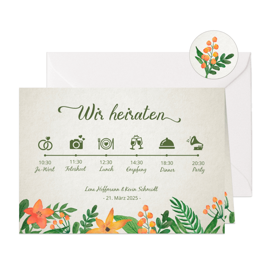 Hochzeitseinladung Vintage Blumen Timeline - Karteneindruck
