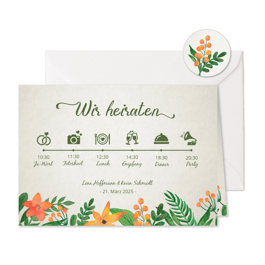 Hochzeitseinladung Vintage Blumen Timeline - Karteneindruck
