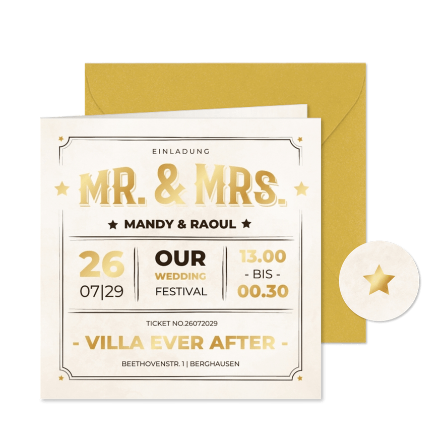 Hochzeitseinladung Vintage-Ticket goldene Sterne - Karteneindruck