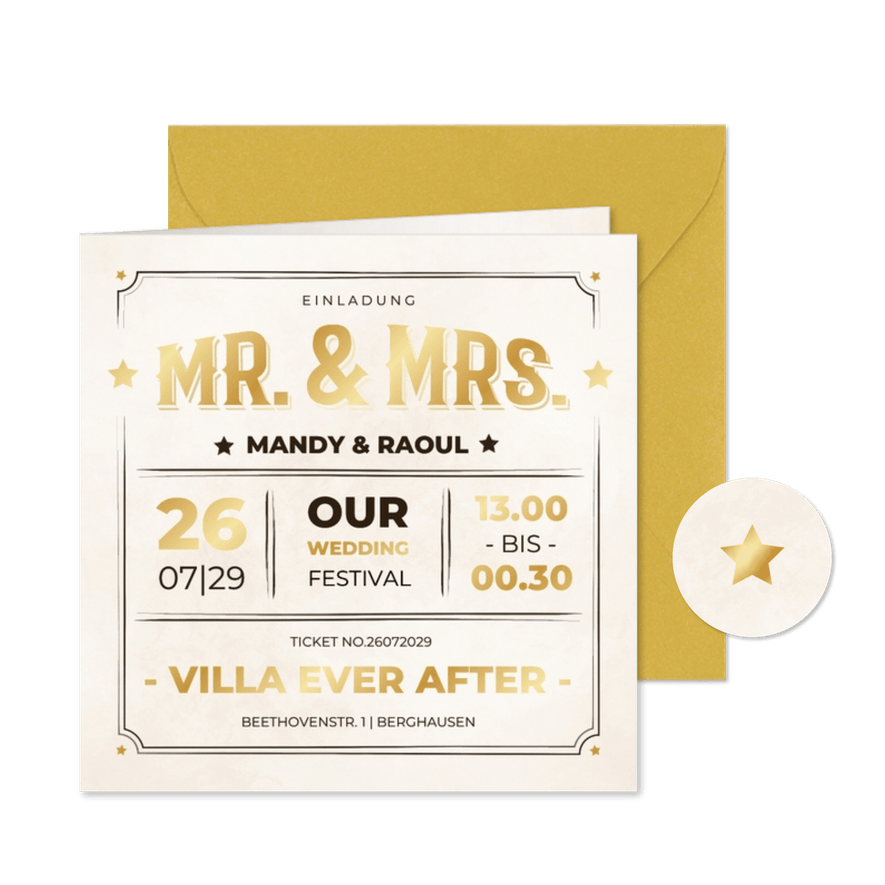 Hochzeitseinladung Vintage-Ticket goldene Sterne - Kartenvorschau
