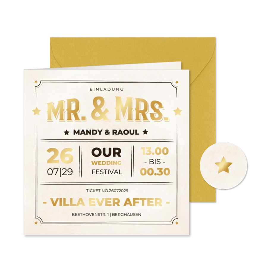 Hochzeitseinladung Vintage-Ticket goldene Sterne - Karteneindruck