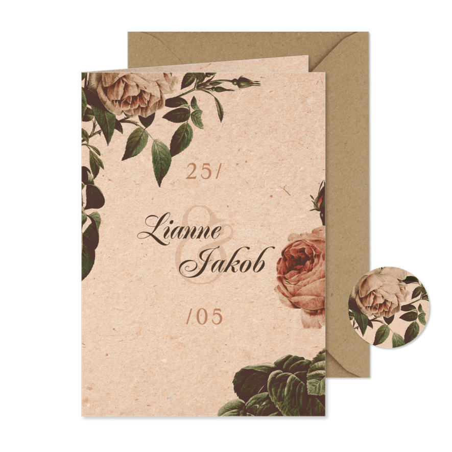 Hochzeitseinladung Vintagerosen auf Kraftpapier - Karteneindruck