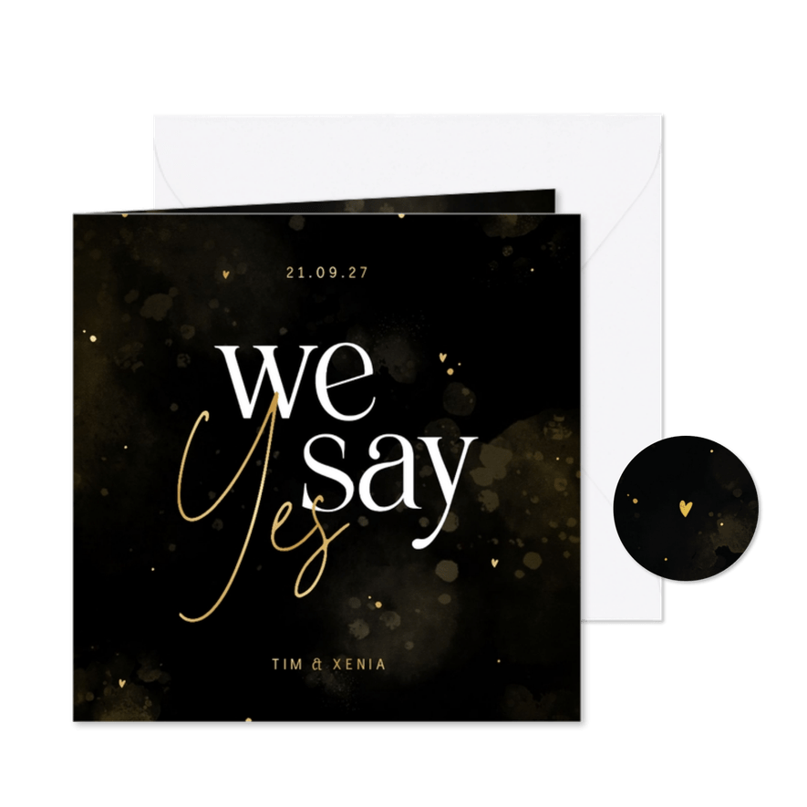 Hochzeitseinladung 'We say yes' schwarz-gold - Karteneindruck