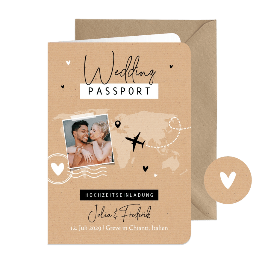 Hochzeitseinladung 'Wedding Passport' Kraftlook - Karteneindruck
