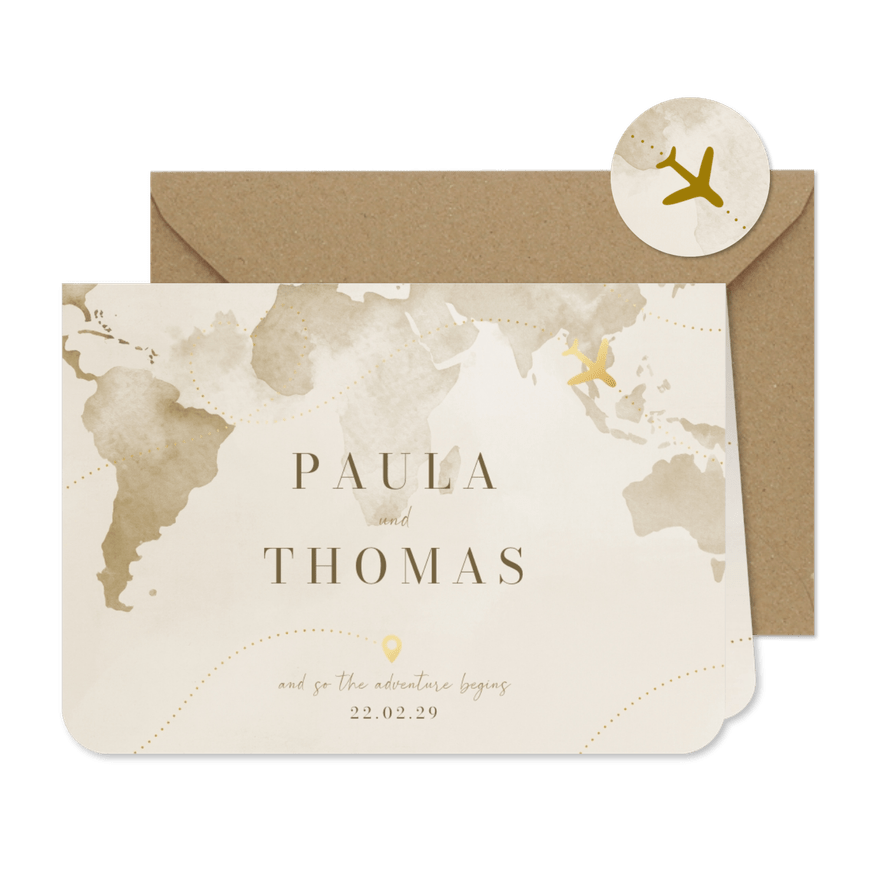 Hochzeitseinladung Weltkarte & Flugzeug Gold - Karteneindruck
