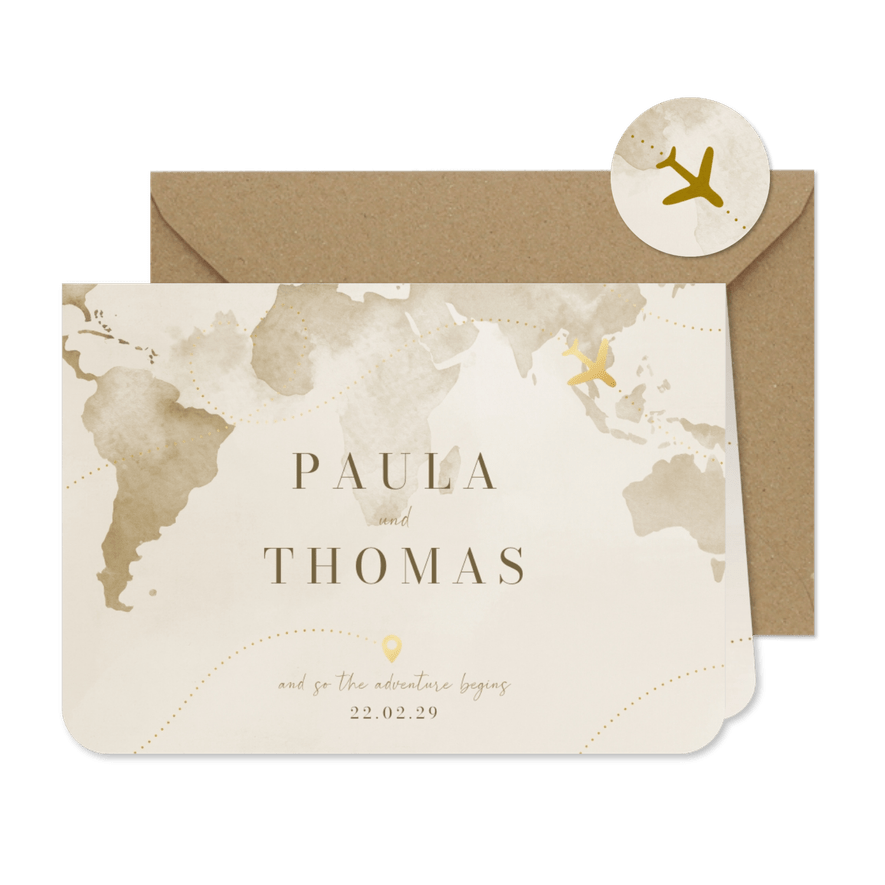 Hochzeitseinladung Weltkarte & Flugzeug Gold - Karteneindruck

