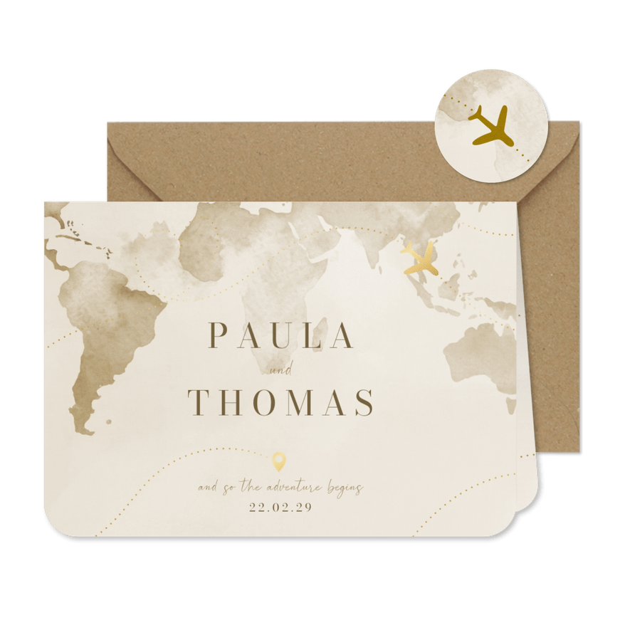 Hochzeitseinladung Weltkarte & Flugzeug Gold - Karteneindruck