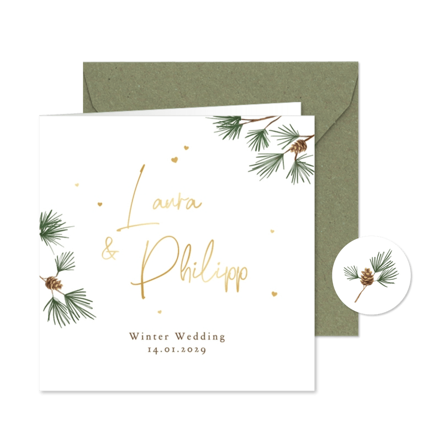 Hochzeitseinladung Winter Wedding Tannenzweige - Kartenvorschau
