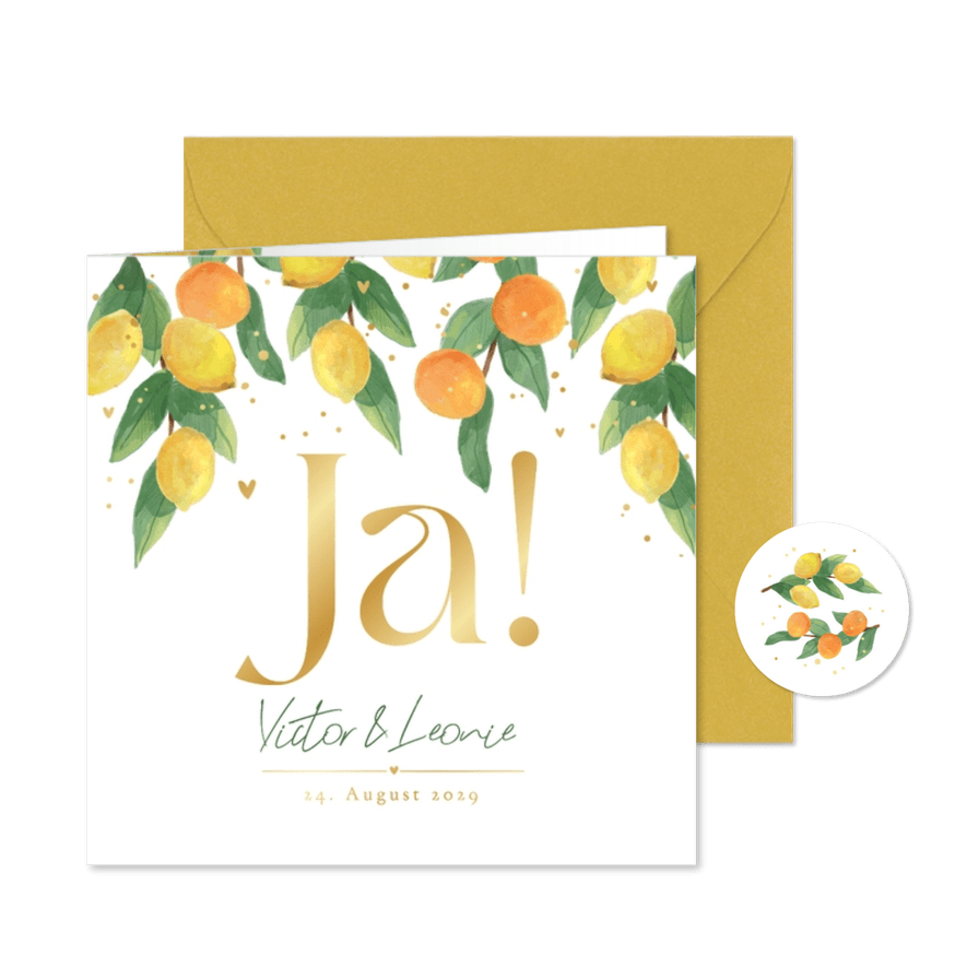 Hochzeitseinladung Zitrusfrüchte  - Karteneindruck

