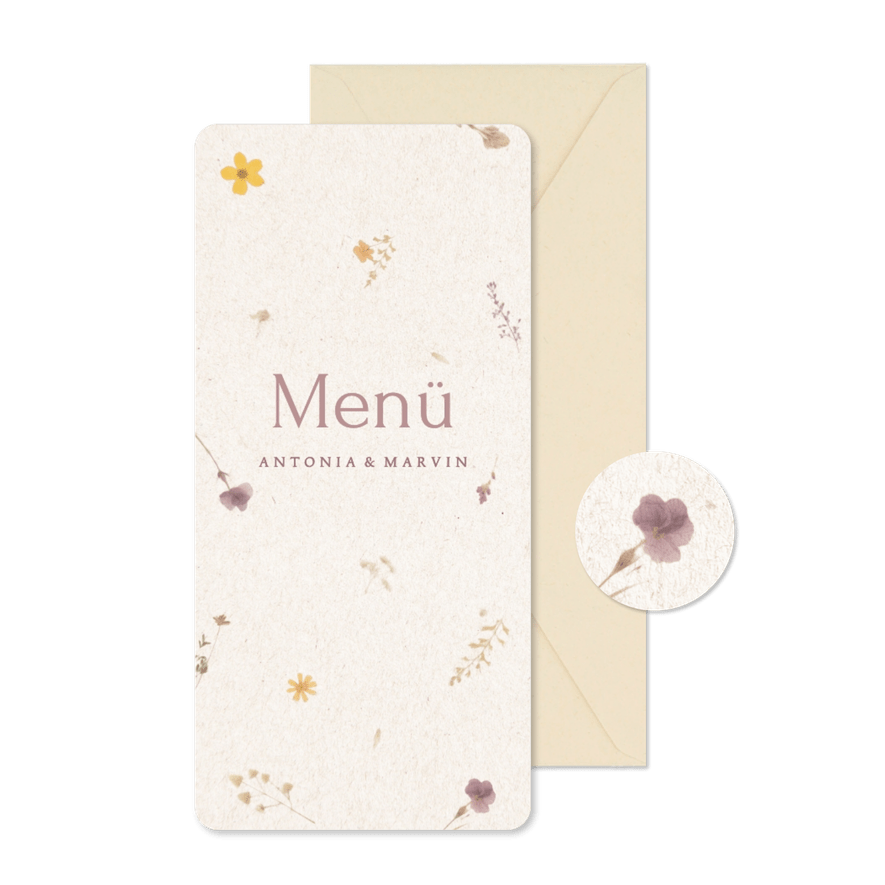 Hochzeitsfeier Menükarte Papier mit gepressten Blumen - Kartenvorschau