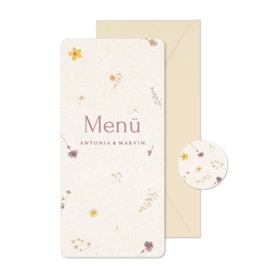 Hochzeitsfeier Menükarte Papier mit gepressten Blumen - Karteneindruck