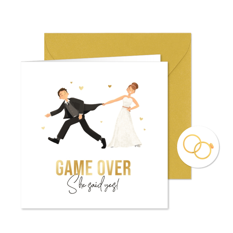 Hochzeitsfeiereinladung Ehepaar 'Game over' mit Gold - Kartenvorschau
