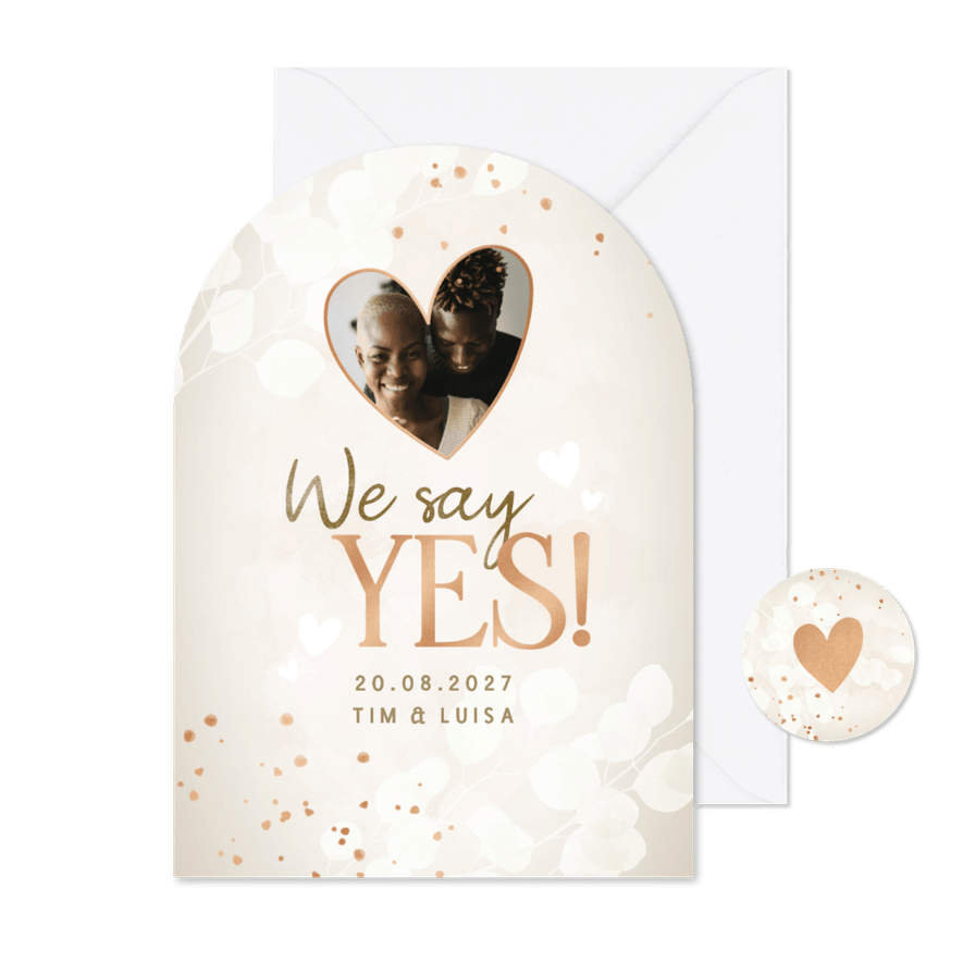 Hochzeitskarte Bogenform Botanisch Foto Kupferherzen - Karteneindruck