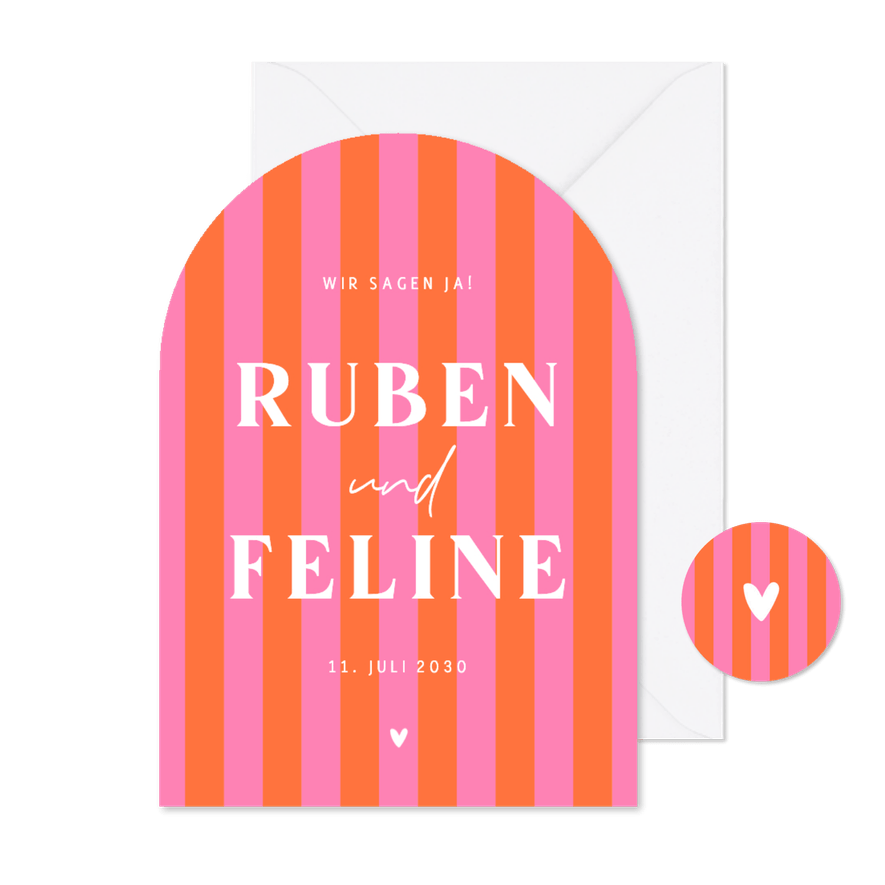 Hochzeitskarte Bogenform Colorblocking Streifen Rosa Orange - Kartenvorschau