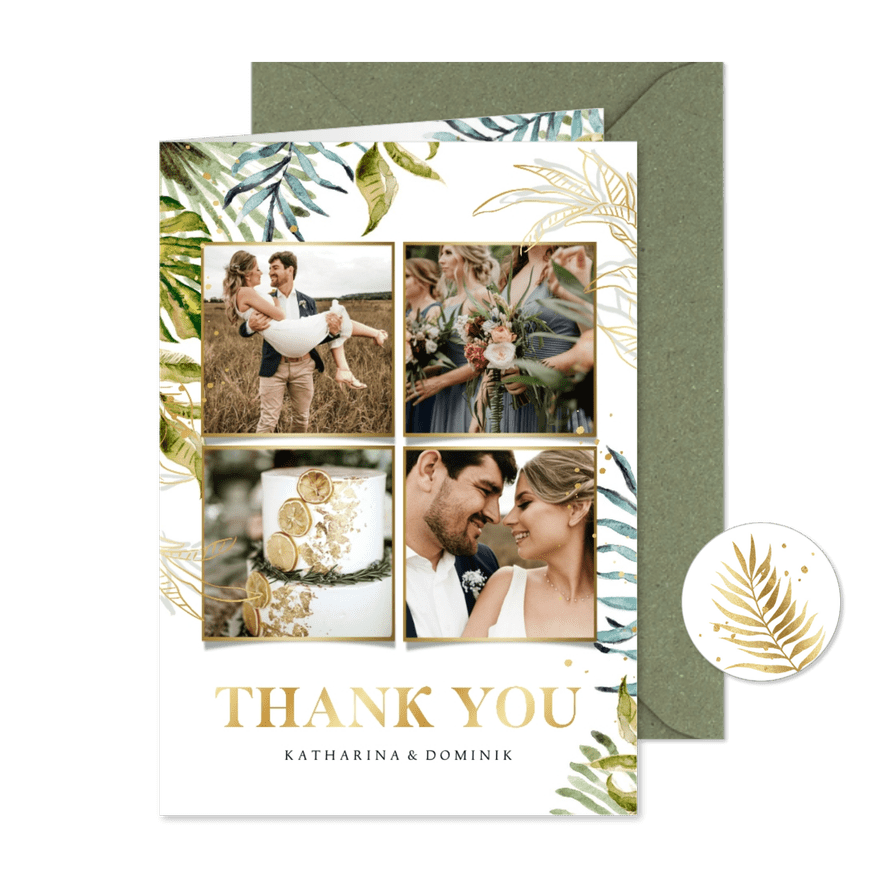 Hochzeitskarte Danksagung Fotos, Botanik & Gold - Karteneindruck
