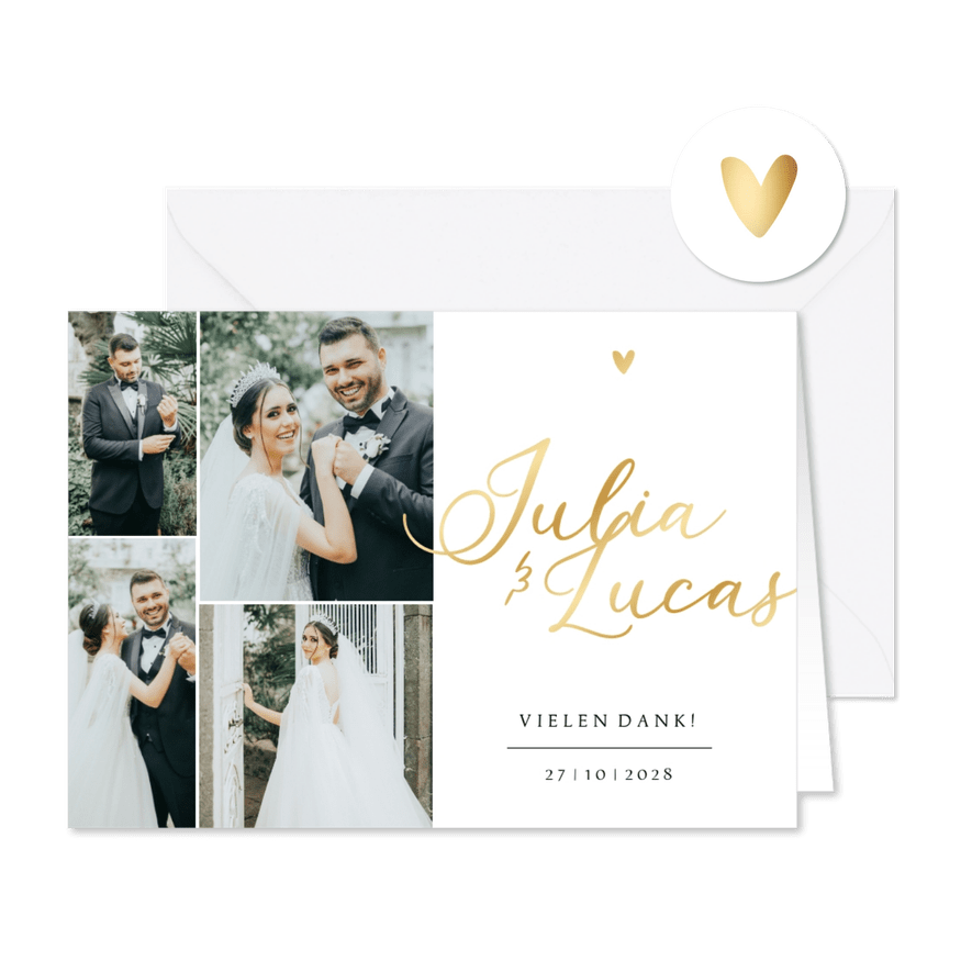 Hochzeitskarte Danksagung Fotos Namen in Gold - Karteneindruck
