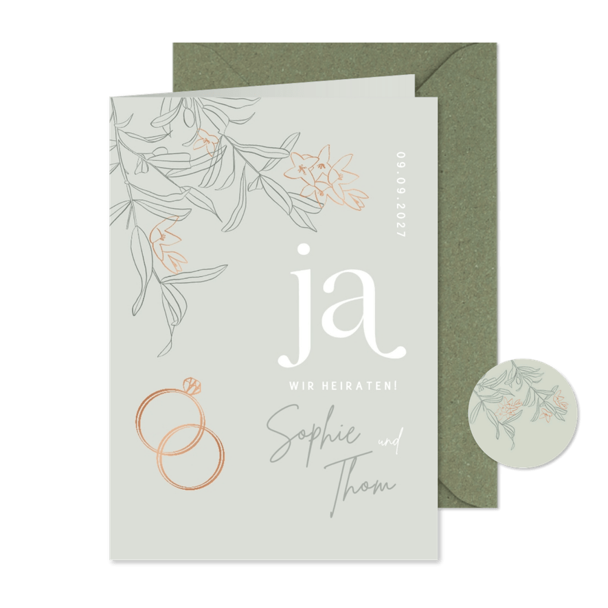 Hochzeitskarte Einladung Blüten & Ringe kupfer - Kartenvorschau