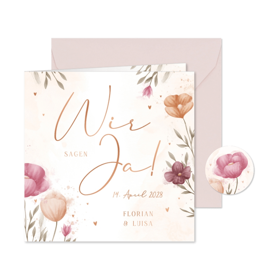 Hochzeitskarte Einladung elegante Blumen Aquarell - Kartenvorschau