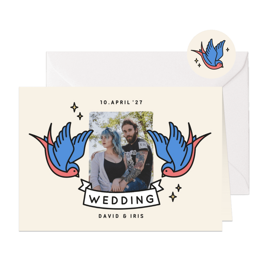 Hochzeitskarte Einladung Foto Vintage Tattoos - Karteneindruck
