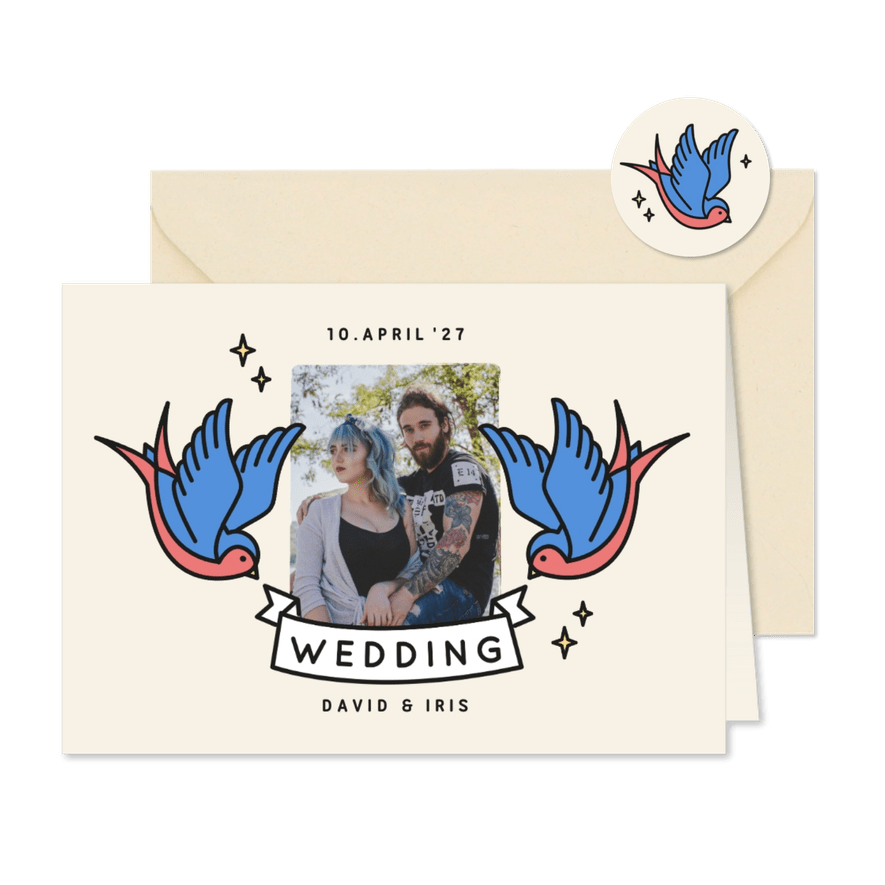 Hochzeitskarte Einladung Foto Vintage Tattoos - Kartenvorschau
