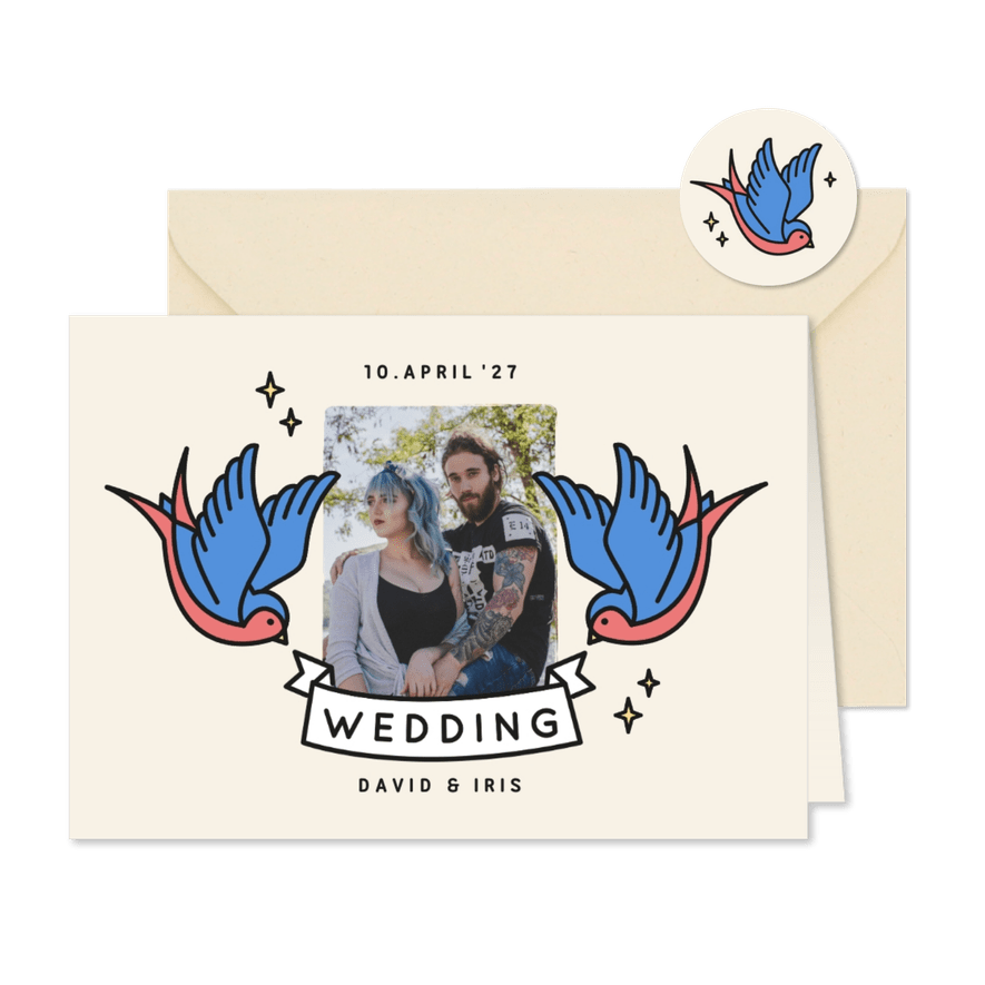 Hochzeitskarte Einladung Foto Vintage Tattoos - Karteneindruck
