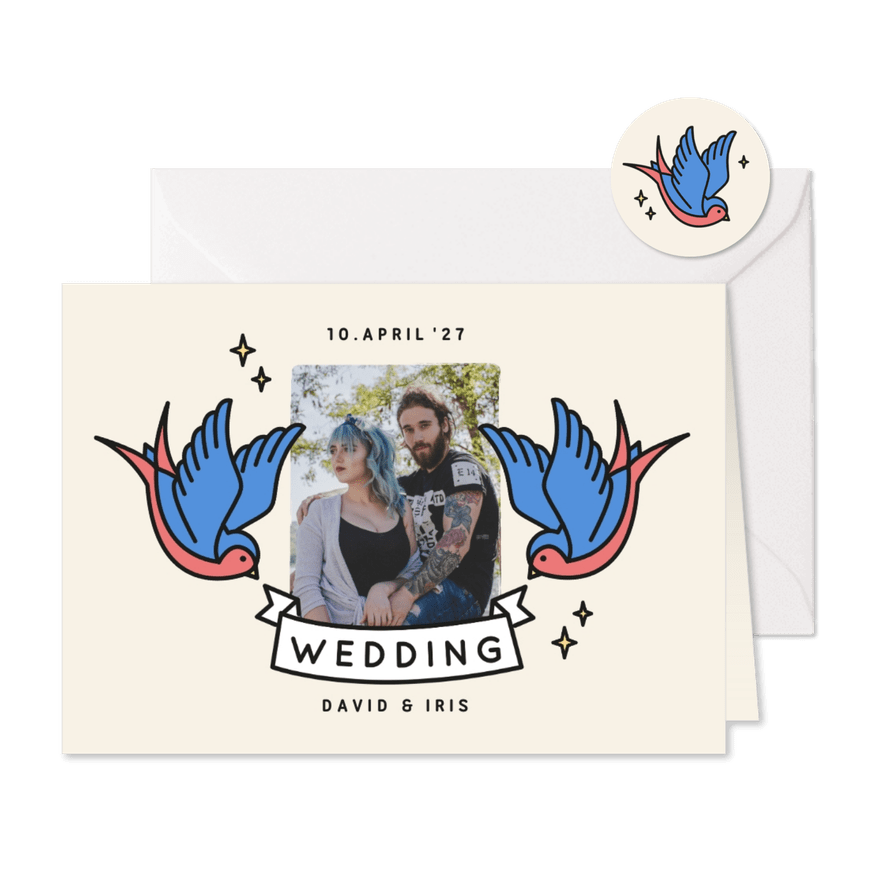 Hochzeitskarte Einladung Foto Vintage Tattoos - Karteneindruck
