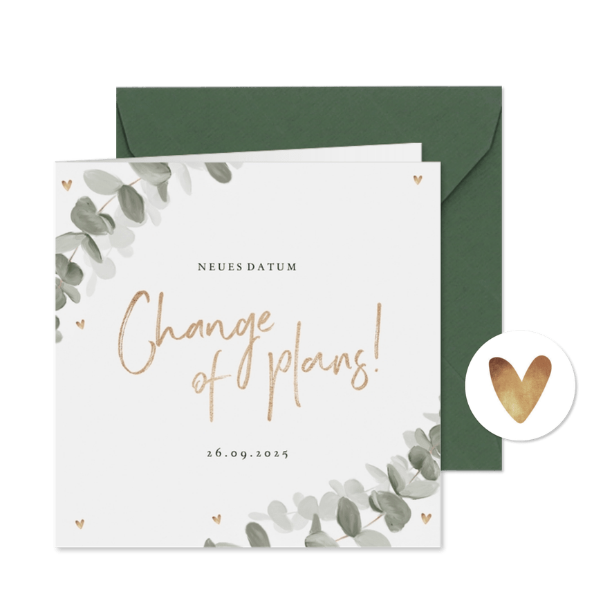 Hochzeitskarte Eukalyptusblätter Terminänderung - Karteneindruck
