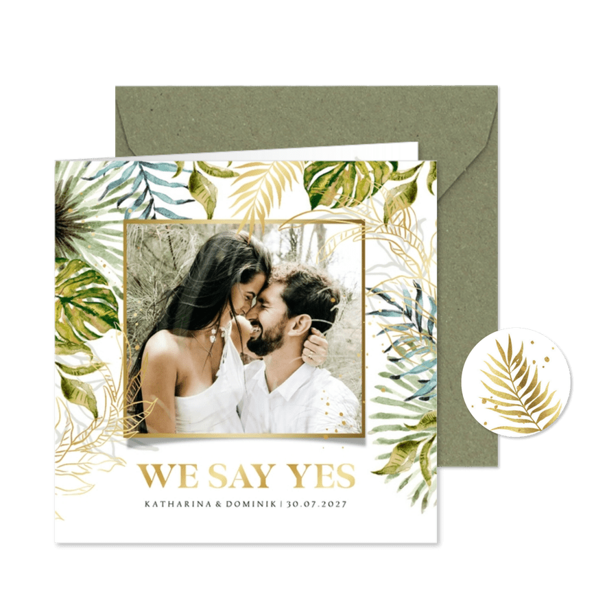 Hochzeitskarte Fotoeinladung Botanik & Gold - Karteneindruck
