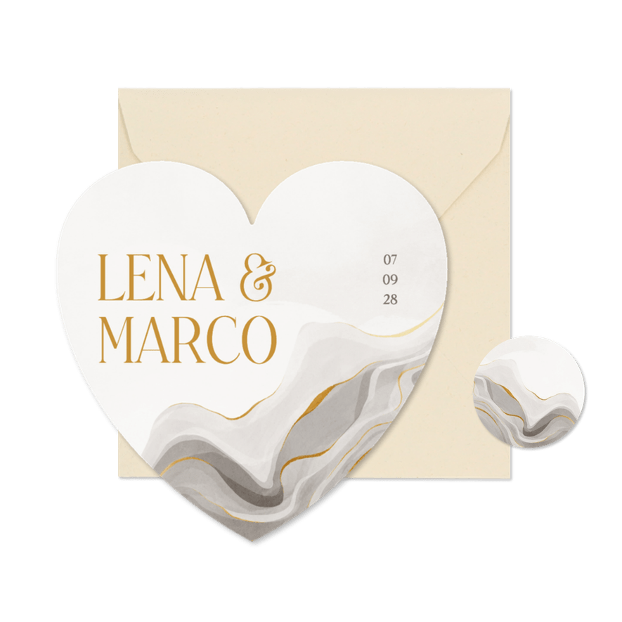 Hochzeitskarte Herzform Marmor und Gold - Karteneindruck
