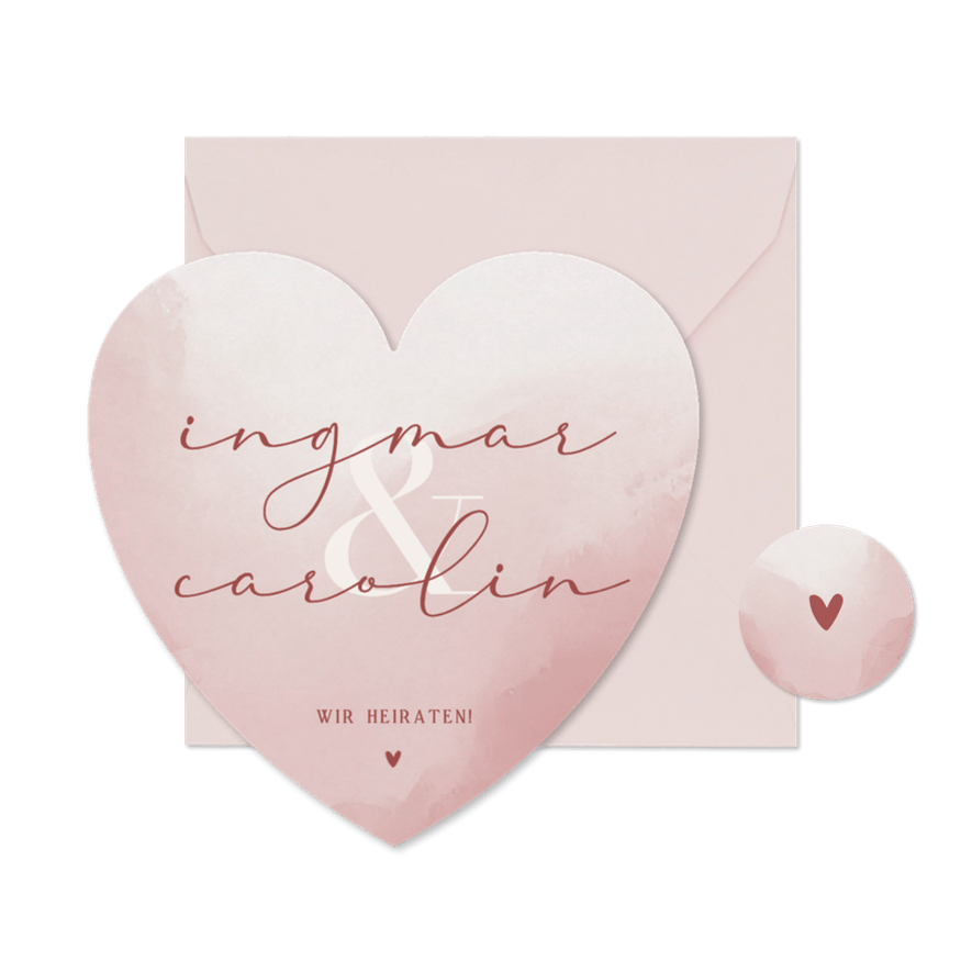 Hochzeitskarte Herzform Namen auf altrosa Aquarell - Karteneindruck
