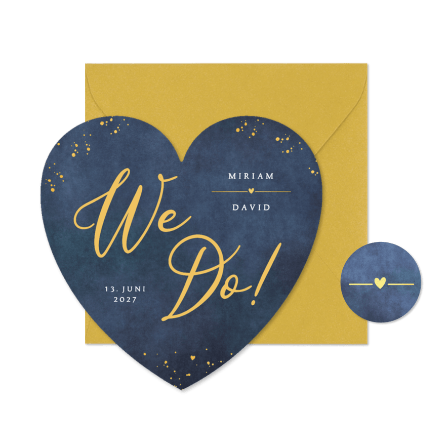 Hochzeitskarte Herzform 'We do!' Blau mit Gold - Karteneindruck
