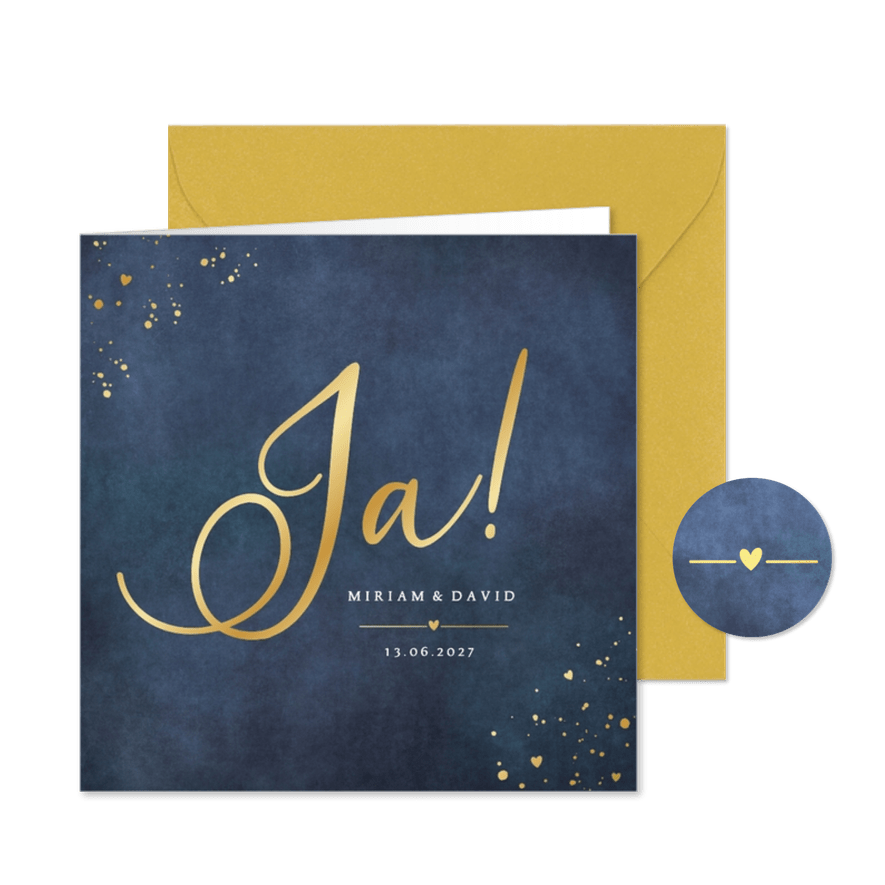 Hochzeitskarte 'Ja!' Blau mit Gold - Kartenvorschau