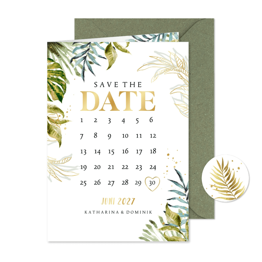 Hochzeitskarte Karte Save-the-Date Botanik & Gold - Karteneindruck