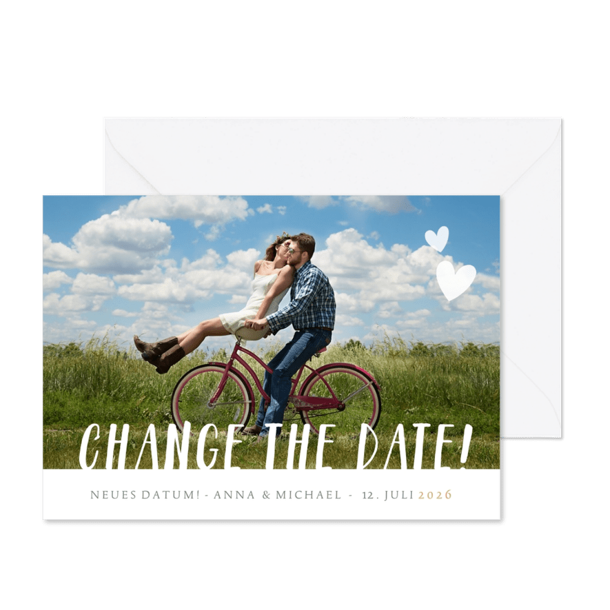 Hochzeitskarte Neues Datum mit Foto - Kartenvorschau
