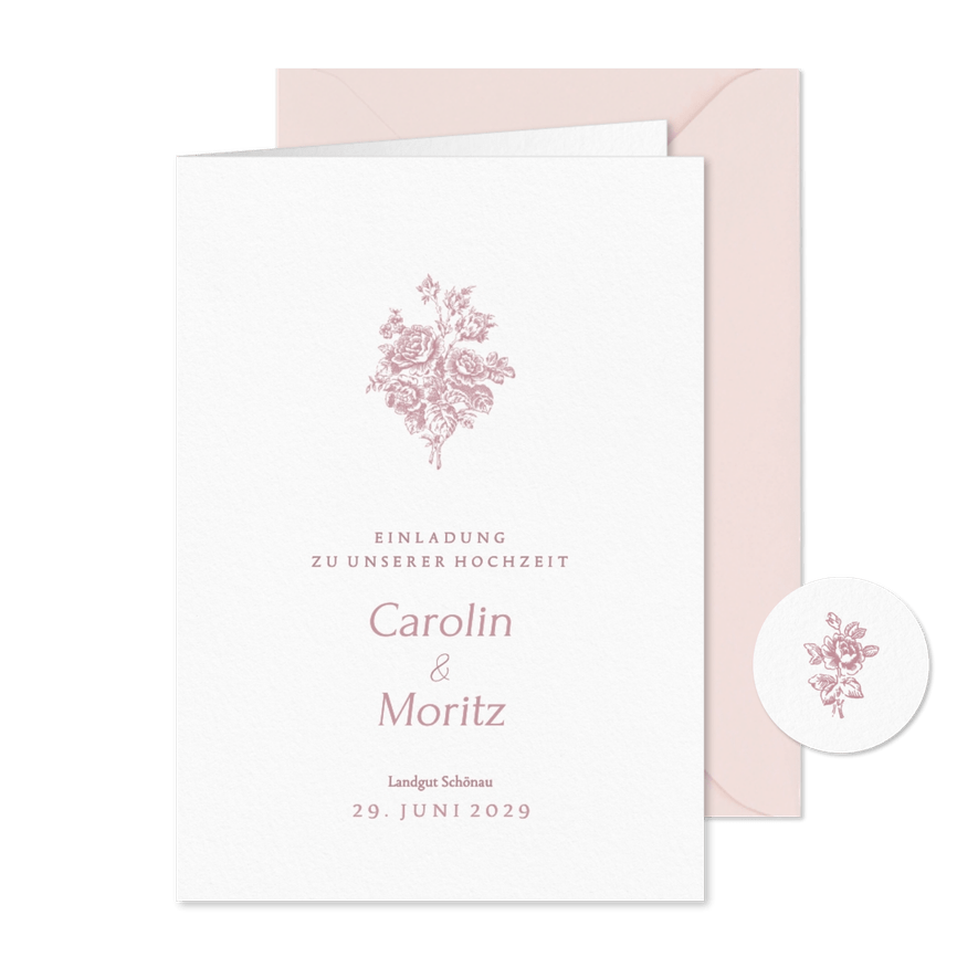 Hochzeitskarte romantische Rosen rosa - Karteneindruck