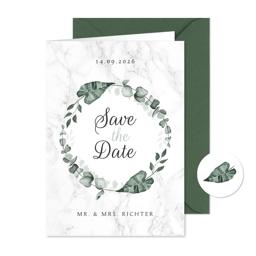 Hochzeitskarte Save-the-Date Marmor & Botanik - Karteneindruck