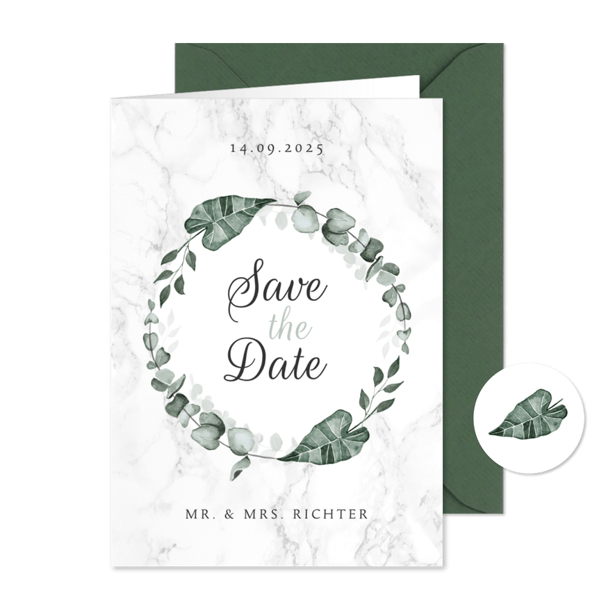 Hochzeitskarte Save-the-Date Marmor & Botanik - Karteneindruck
