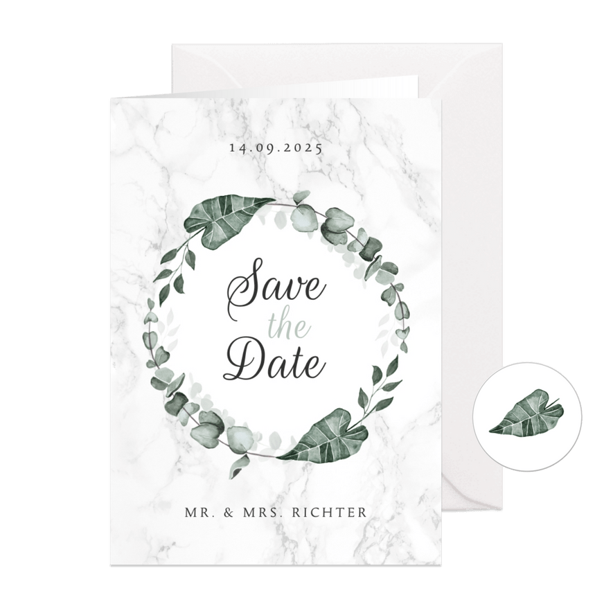 Hochzeitskarte Save-the-Date Marmor & Botanik - Karteneindruck
