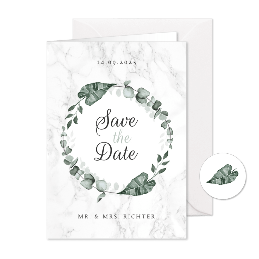 Hochzeitskarte Save-the-Date Marmor & Botanik - Karteneindruck
