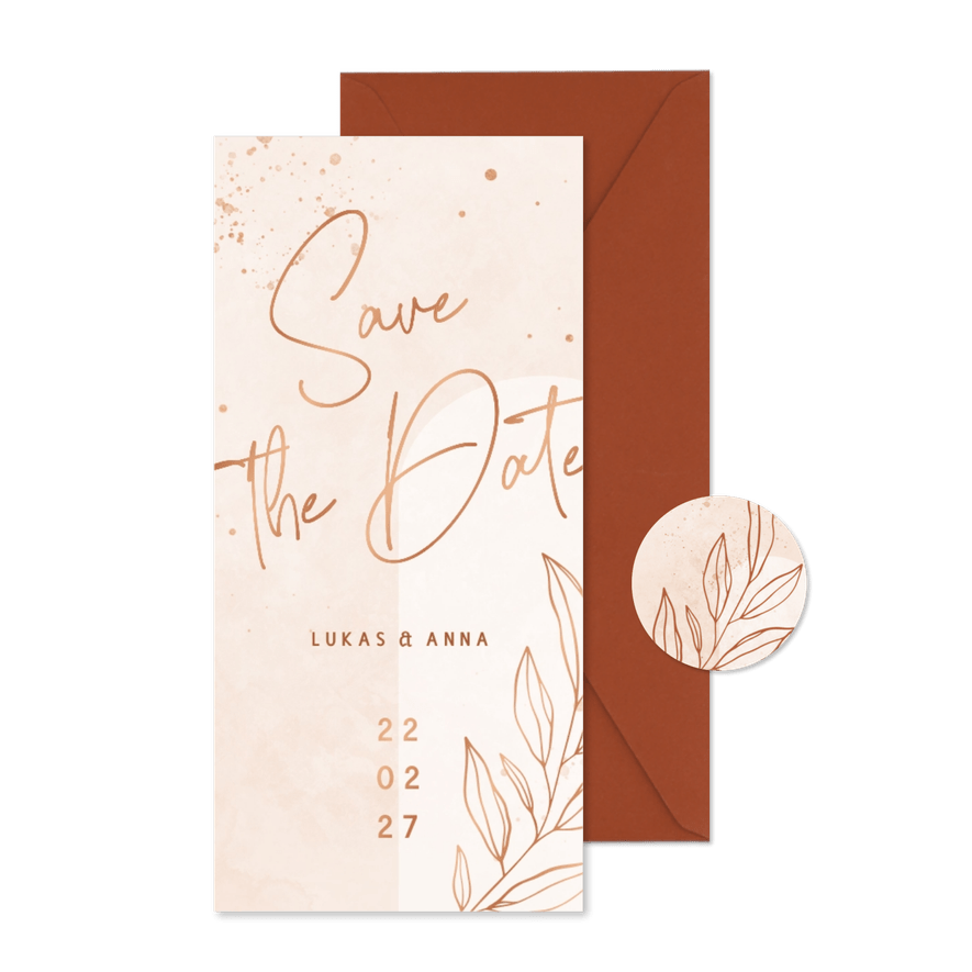Hochzeitskarte Save-the-Date rosé filigraner Zweig - Karteneindruck