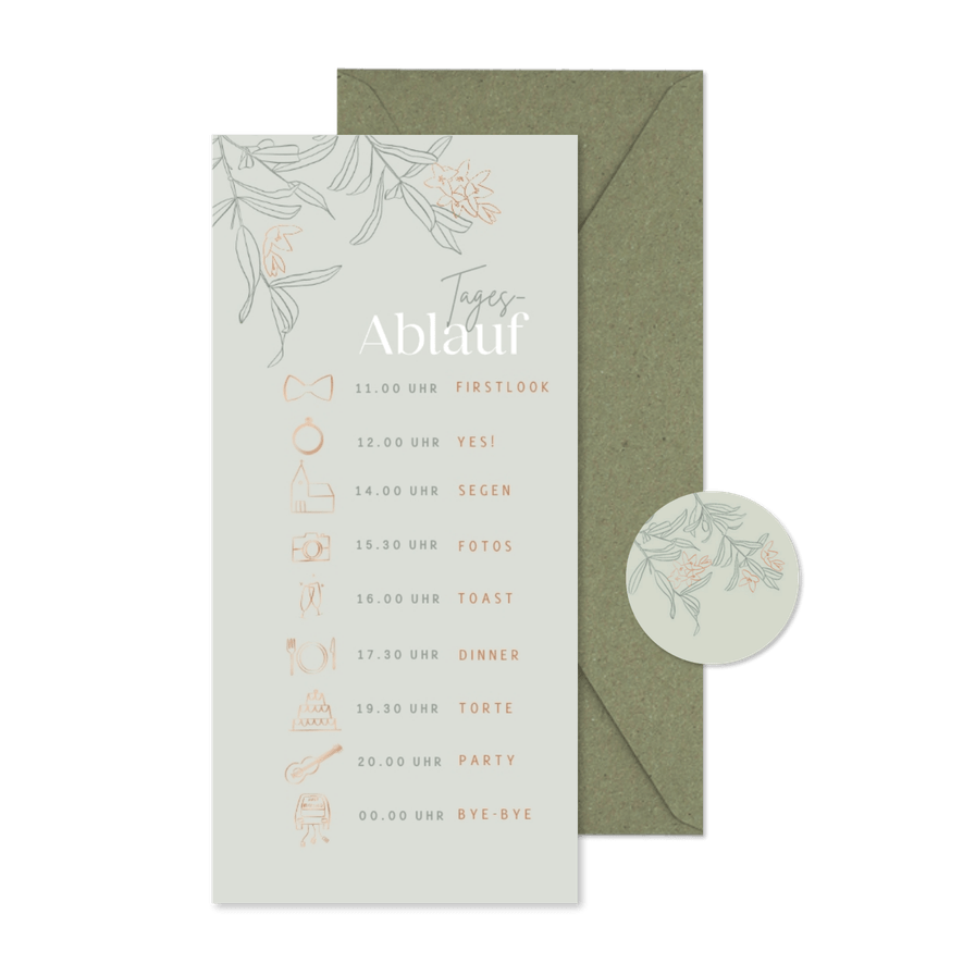 Hochzeitskarte Tagesablauf Blüten kupfer - Karteneindruck