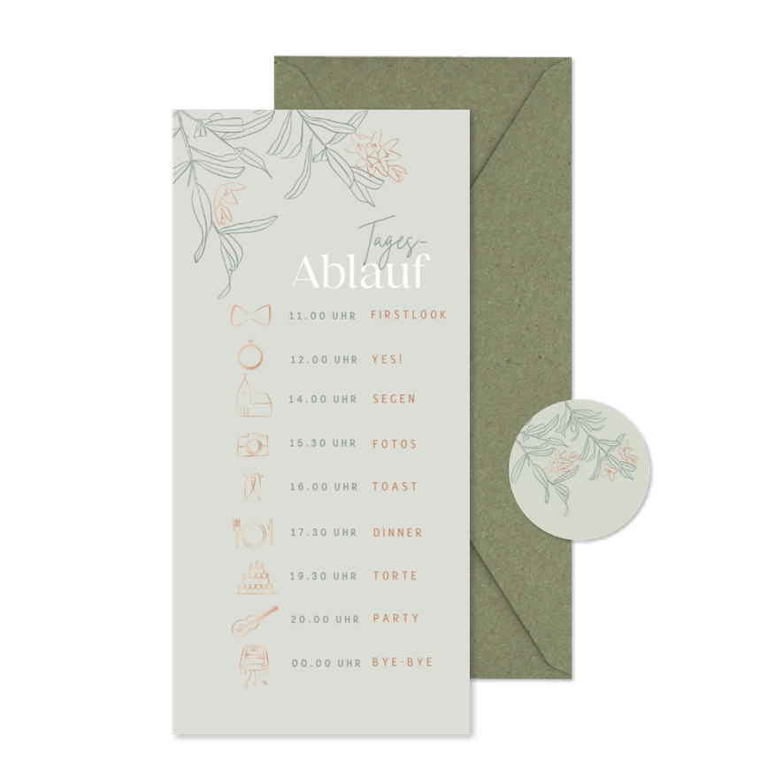 Hochzeitskarte Tagesablauf Blüten kupfer - Karteneindruck
