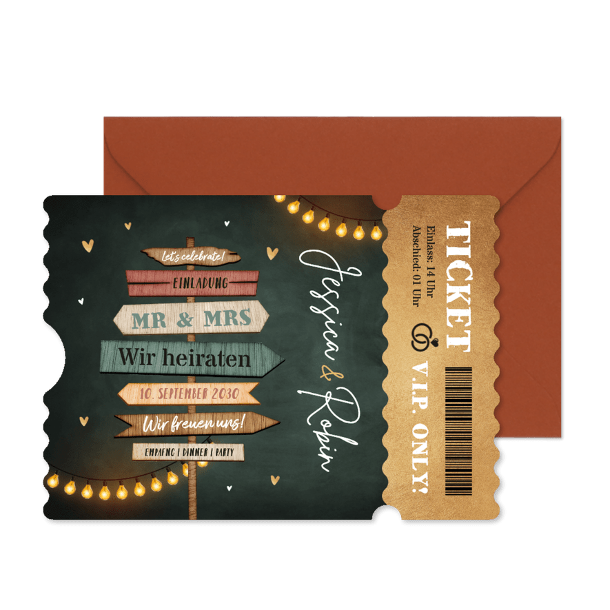 Hochzeitskarte Ticket Wegweiser - Karteneindruck