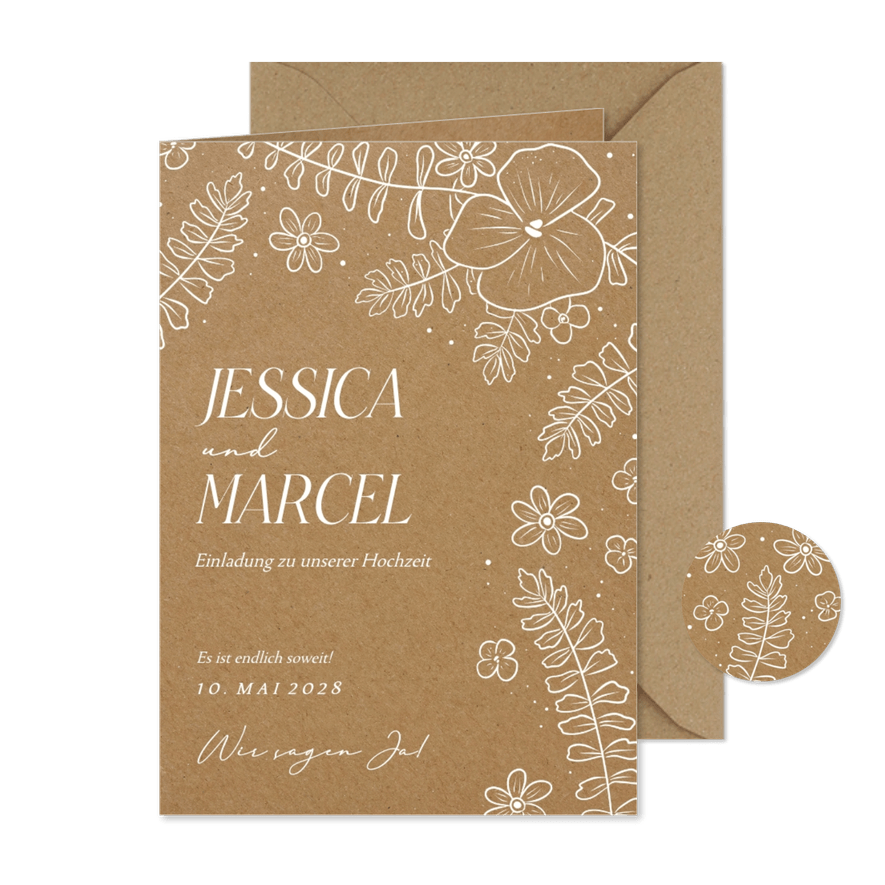 Hochzeitskarte weiße Blumen Kraftlook-Papier - Karteneindruck
