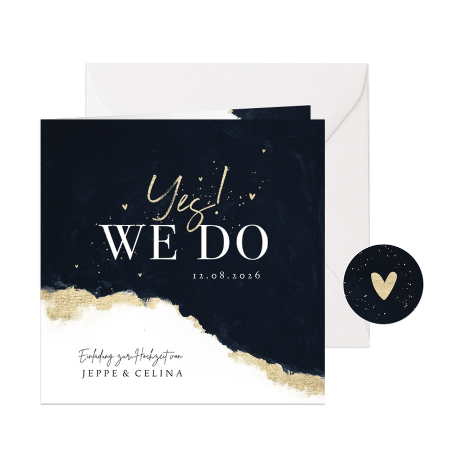 Hochzeitskarte 'Yes! We do' Aquarell schwarz-gold - Karteneindruck
