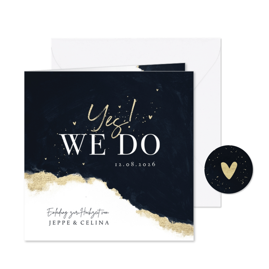 Hochzeitskarte 'Yes! We do' Aquarell schwarz-gold - Karteneindruck