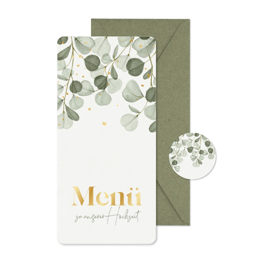 Hochzeitsmenü Eukalyptuszweige & Gold - Karteneindruck