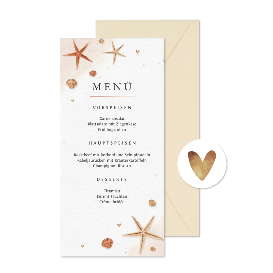 Hochzeitsmenü im Strandlook mit Foto auf der Rückseite - Karteneindruck
